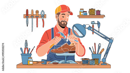 Artisan at Work: In a brightly lit workshop, an artisan meticulously works on a shoe, demonstrating skillful craftsmanship, surrounded by essential tools and supplies.