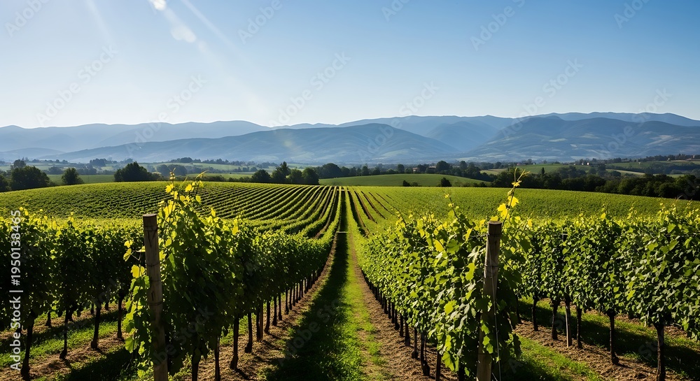 Fototapeta premium Rolling green vineyard in sunlight with mountains in the distance and a clear blue sky