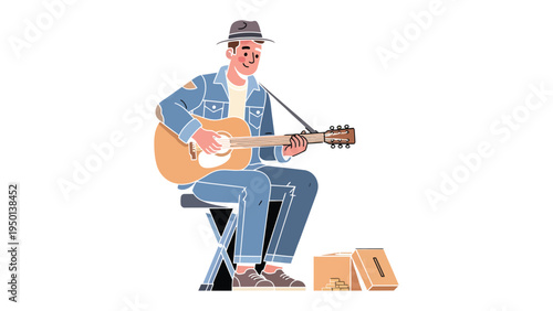 Melody of the Street: A busker serenades with his guitar, his music weaving through the cityscape, accompanied by humble collections