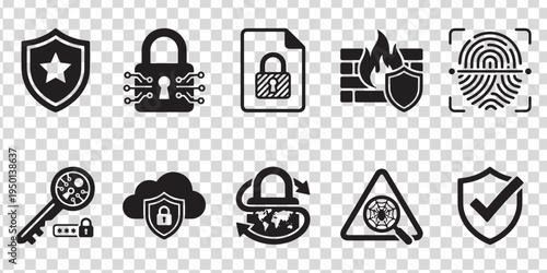 Cybersecurity and Data Protection Filled Icon Set – Digital Security, Firewall, VPN, Encryption and Authentication Vector Icons