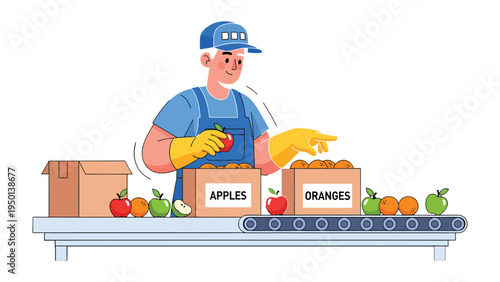 Orchard Worker in Action: A diligent orchard worker carefully sorts fresh apples and oranges at a fruit processing facility, surrounded by conveyor belts and boxes.