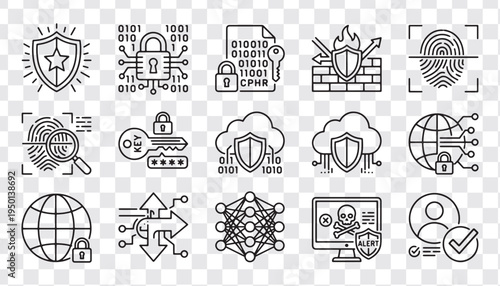 Cybersecurity and Data Protection Outline Icon Set – Digital Security, Firewall, VPN, Encryption and Authentication outline Vector Icons