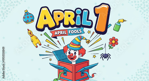 Colorful clown popping out of a red box on april fools' day with festive decorations and prank items around