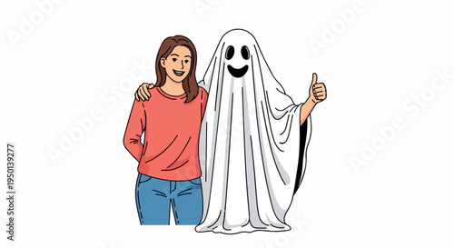 A young woman and a smiling ghost in a white sheet giving a thumbs up on a plain white background with a playful mood.