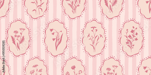 Vintage wildflower seamless pattern, hand drawn botanical floral background with stripes