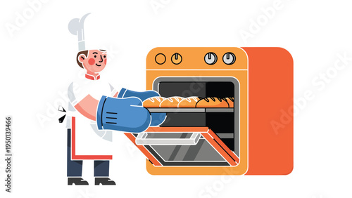 Baking fresh bread: A chef, in a spotless apron, removes a tray of freshly baked bread from the oven, filling the air with the comforting aroma of a local bakery. 