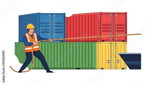 Industrial Strength: An illustration depicting a worker pulling a rope attached to stacked shipping containers, symbolizing the logistics and hard work inherent in global trade and transportation. 