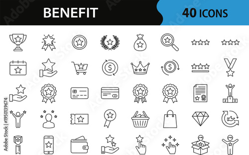 Benefit set of web icons in line style. Containing reward, bonus, loyalty, star, winner, award, prize, incentive and more. Exclusive benefits linear icon collection