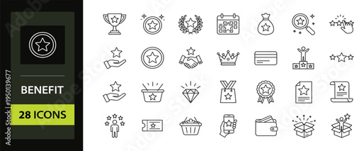 Benefit set of web icons in line style. Containing reward, bonus, loyalty, star, winner, award, prize, incentive and more. Exclusive benefits linear icon collection