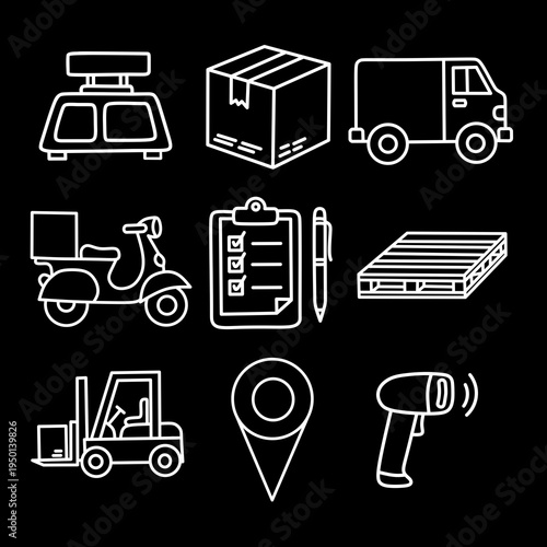 inverted logistics and delivery line art white outline shipping illustrations on dark background minimalist vector set