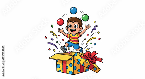 Cartoon illustration of a cheerful young boy jumping out of a colorful gift box with confetti and balloons on a white background.