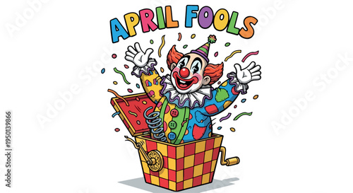 Colorful illustration of a clown jumping out of a checked box with confetti on a white background.