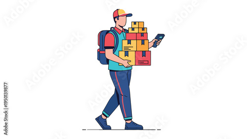 Delivery Messenger: A focused delivery messenger strides forward, expertly balancing a stack of packages, embodying efficiency and commitment in the realm of modern logistics.