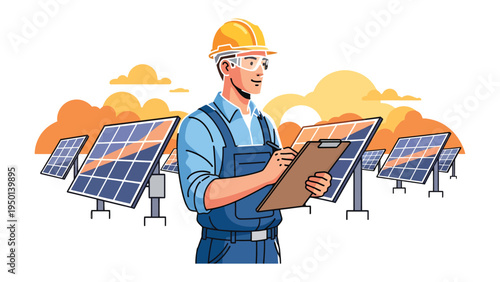 Solar Energy Engineer Inspection: An engineer meticulously inspects the photovoltaic panels, ensuring optimal performance and efficiency, while showcasing a commitment to sustainable energy practices.