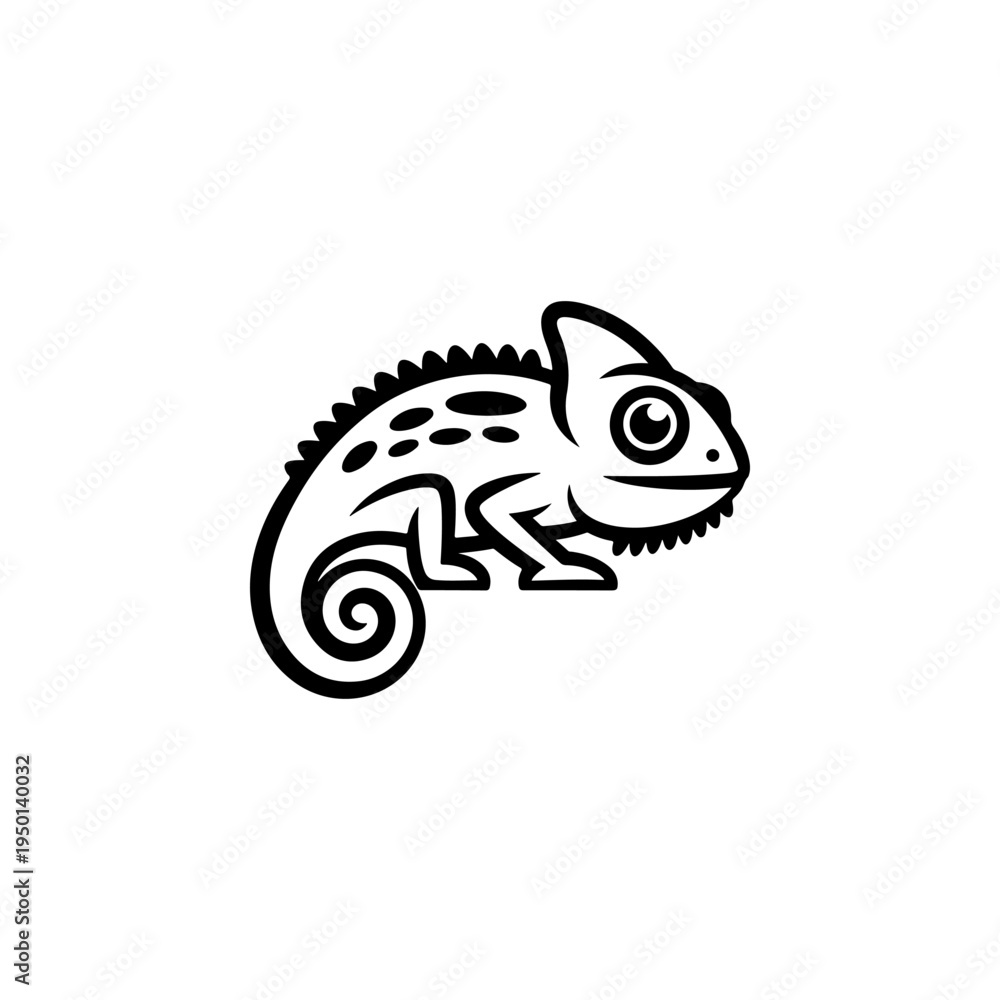 Fototapeta premium A black and white vector illustration of a stylized chameleon with a curled tail. A clean, minimalist reptile silhouette perfect for creative logos and branding.