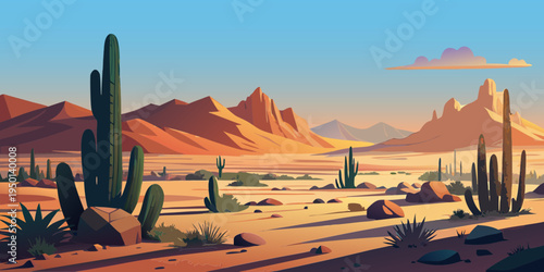 desert, cordillera,  succulents, clouds, rocks, sand, sandstone, mountains, bushes, grass,  vector, panorama, banner, postcard, scenery, america, mexico, romance, adventure
