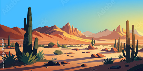 desert, cordillera,  succulents, clouds, rocks, sand, sandstone, mountains, bushes, grass,  vector, panorama, banner, postcard, scenery, america, mexico, romance, adventure