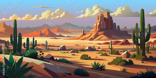 desert, cordillera,  succulents, clouds, rocks, sand, sandstone, mountains, bushes, grass,  vector, panorama, banner, postcard, scenery, america, mexico, romance, adventure