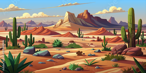 desert, cordillera,  succulents, clouds, rocks, sand, sandstone, mountains, bushes, grass,  vector, panorama, banner, postcard, scenery, america, mexico, romance, adventure