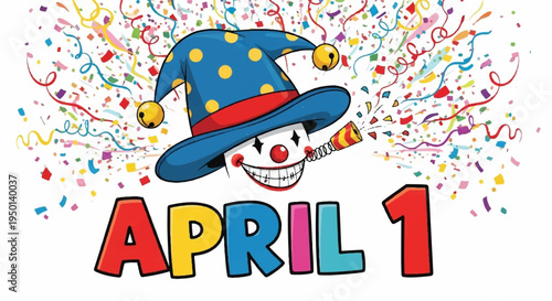 Colorful clown face with blue hat and confetti celebrating april 1st on white background with party atmosphere and joyful expression