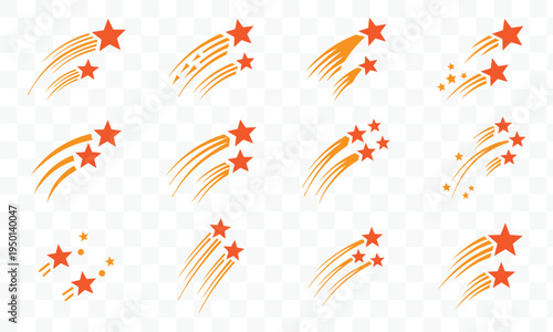 Dynamic Shooting Stars Vector Set. Sparkling Comet Trails and Falling Starburst Icons for Celebration, Award, Success and Festive Designs