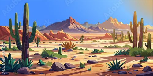 desert, cordillera,  succulents, clouds, rocks, sand, sandstone, mountains, bushes, grass,  vector, panorama, banner, postcard, scenery, america, mexico, romance, adventure