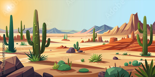 desert, cordillera,  succulents, clouds, rocks, sand, sandstone, mountains, bushes, grass,  vector, panorama, banner, postcard, scenery, america, mexico, romance, adventure