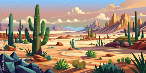 desert, cordillera,  succulents, clouds, rocks, sand, sandstone, mountains, bushes, grass,  vector, panorama, banner, postcard, scenery, america, mexico, romance, adventure