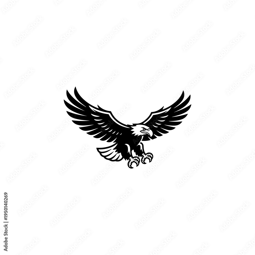 Obraz premium A black and white vector illustration of a bald eagle in flight with wings spread and talons ready. A powerful symbol of freedom, strength, and majestic wildlife.