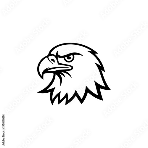 A black and white vector illustration of a majestic eagle's head in profile. A powerful and clean silhouette featuring a sharp beak and intense gaze, ideal for logos.