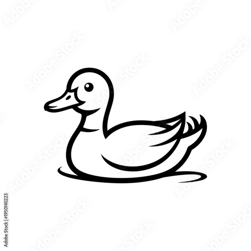 A black and white vector line art illustration of a duck floating on water. A clean, minimalist waterfowl silhouette perfect for nature icons, logos, and mascots.