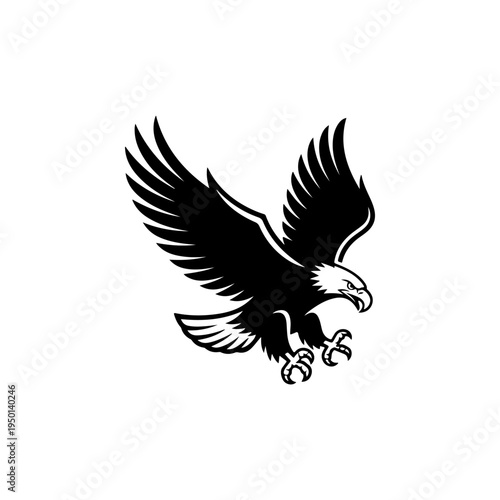 A black and white vector illustration of a bald eagle in flight with wings spread and talons ready. A powerful symbol of freedom, strength, and majestic wildlife.