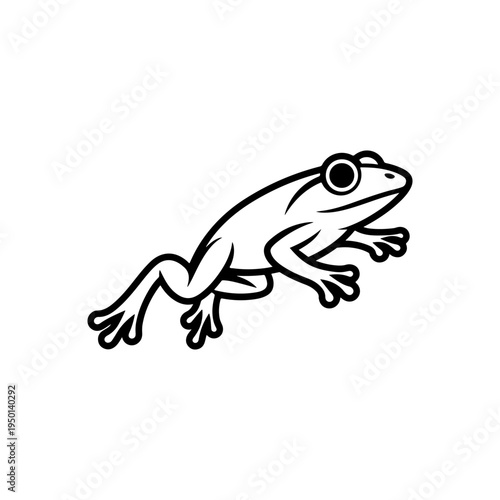 A black and white vector line art illustration of a frog in a leaping pose. This clean, minimalist amphibian silhouette is perfect for nature-themed icons and logos.