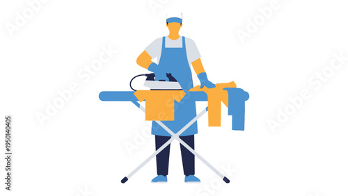 Ironing Process: An illustration of a person ironing a shirt and other cloth on a ironing board