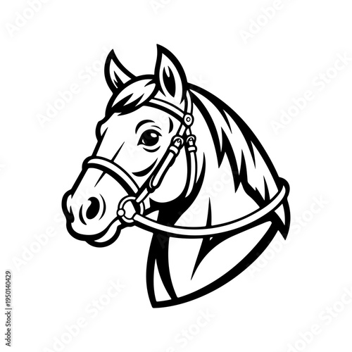 A black and white vector illustration of a horse's head wearing a bridle. This clean, detailed equine portrait is perfect for equestrian sports and ranch branding.
