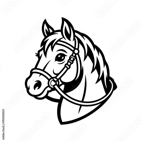 A black and white vector illustration of a horse's head wearing a bridle. This clean, detailed equine portrait is perfect for equestrian sports and ranch branding.