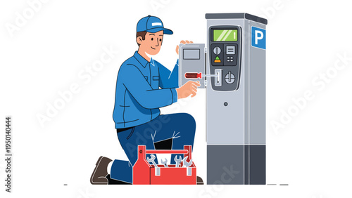 Parking Meter Technician: A skilled technician, attired in a work uniform, intently repairs a parking meter. His actions suggest expertise and precision. The scene is set outdoors.