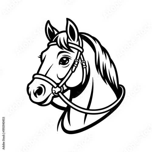 A black and white vector illustration of a horse's head wearing a bridle. This clean, detailed equine portrait is perfect for equestrian sports and ranch branding.