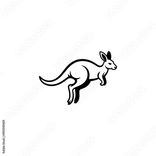 A black and white vector illustration of a kangaroo in a mid-leap dynamic pose. This clean, minimalist marsupial silhouette is ideal for sports, travel, and nature logos.