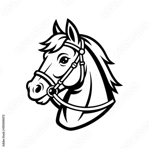 A black and white vector illustration of a horse's head wearing a bridle. This clean, detailed equine portrait is perfect for equestrian sports and ranch branding.