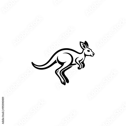 A black and white vector illustration of a kangaroo in a mid-leap dynamic pose. This clean, minimalist marsupial silhouette is ideal for sports, travel, and nature logos.