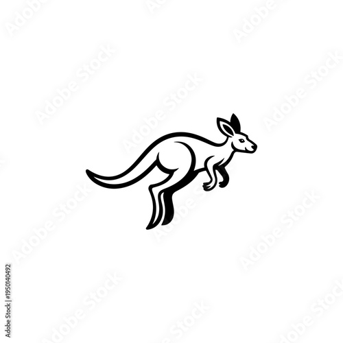 A black and white vector illustration of a kangaroo in a mid-leap dynamic pose. This clean, minimalist marsupial silhouette is ideal for sports, travel, and nature logos.