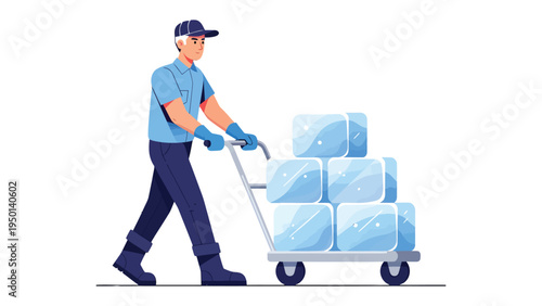 Ice Block Delivery: An illustration showcasing a worker delivering a stack of ice blocks on a wheeled cart. Represents the concept of service, work, and distribution.