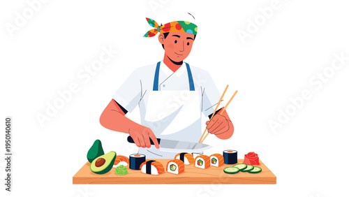 Sushi Chef at Work: A skilled sushi chef meticulously prepares a colorful array of fresh sushi rolls with precision, embodying culinary expertise and artistic creation. 
