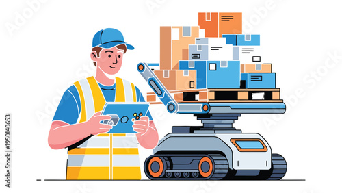 Automated Logistics: A worker in a warehouse monitors a robotic machine, stacked with cardboard boxes on a pallet. Automation in shipping and delivery, streamlining the fulfillment process.