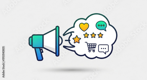 Megaphone with thought bubble of customer review ratings and shopping cart on white background