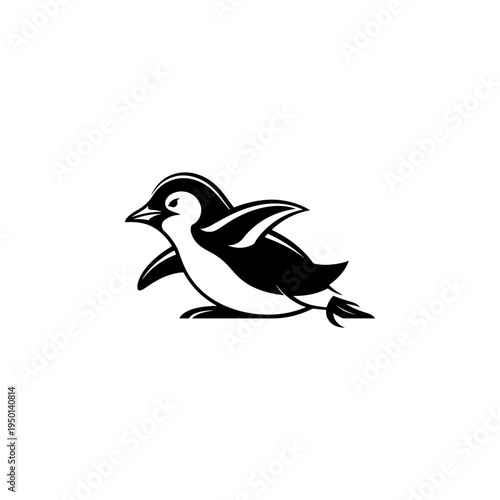A black and white vector illustration of a cute penguin sliding on its belly. This clean, minimalist flightless bird silhouette is ideal for winter-themed logos and mascots.