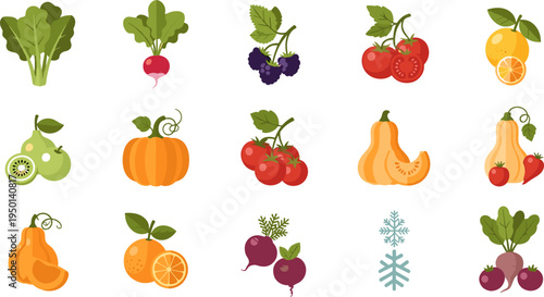 Fresh Fruits and Vegetables Set with Tomatoes, Pumpkins, Oranges, Pears, and Radishes for Healthy Eating and Organic Farming