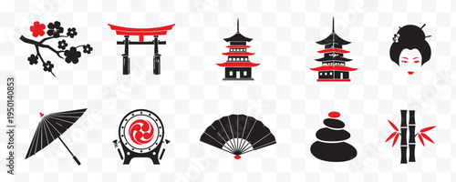 Japanese Culture Icons Set. Traditional Asian Symbols Torii Gate, Pagoda, Sakura, Geisha, Zen, Taiko Drum Vector Art