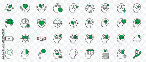 Mental Health and Growth Vector Icons Set Brain, Mind, Wellness, Innovation, Nature and Personal Development Concepts
